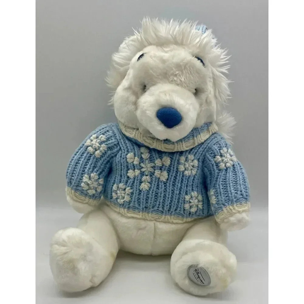 Disney Exclusive White Winnie the Pooh 12" Stuffed Plush Blue Sweater Snowflakes